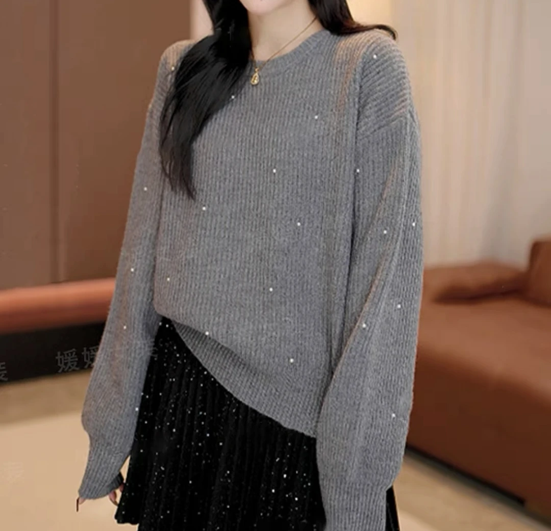 31151#冬季新款慵懒风高级感钉珠针织衫女打底时尚宽松百搭毛衣