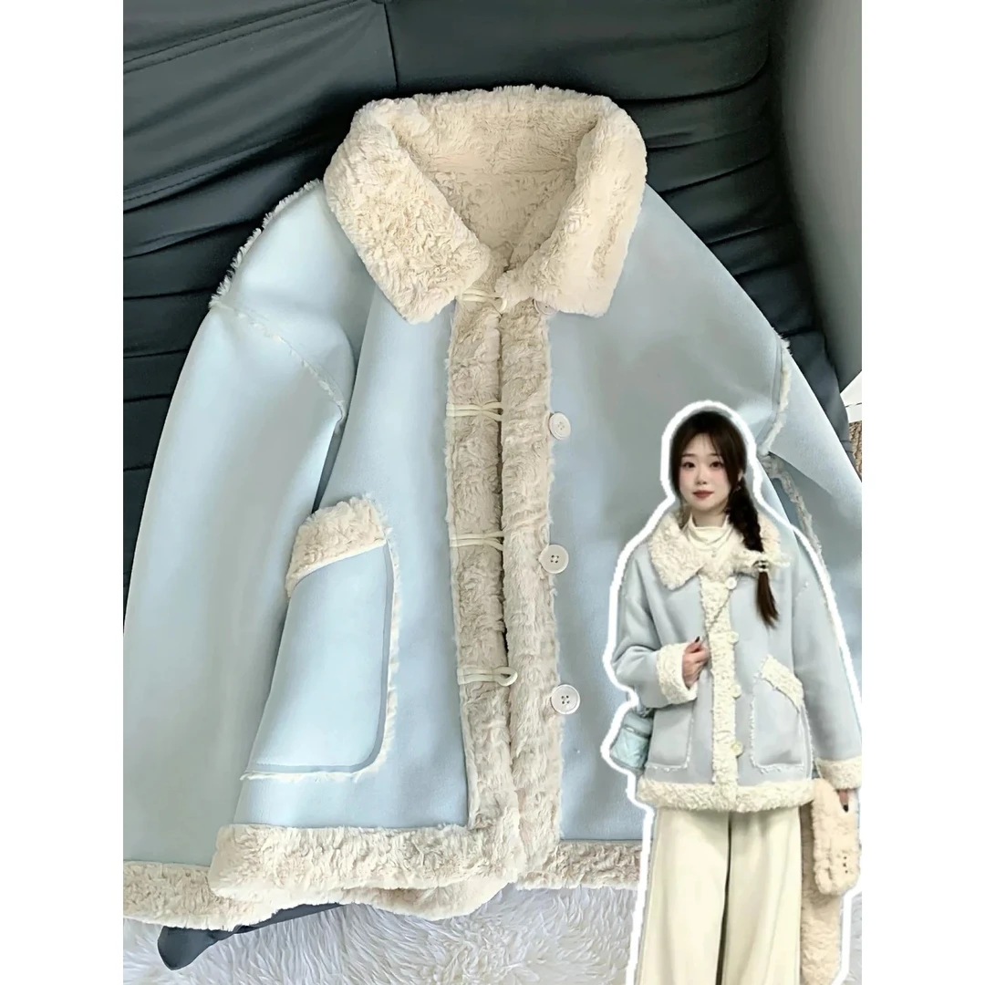 蓝色皮毛一体厚外套女秋冬季韩系巨好看加绒初冬天冬装