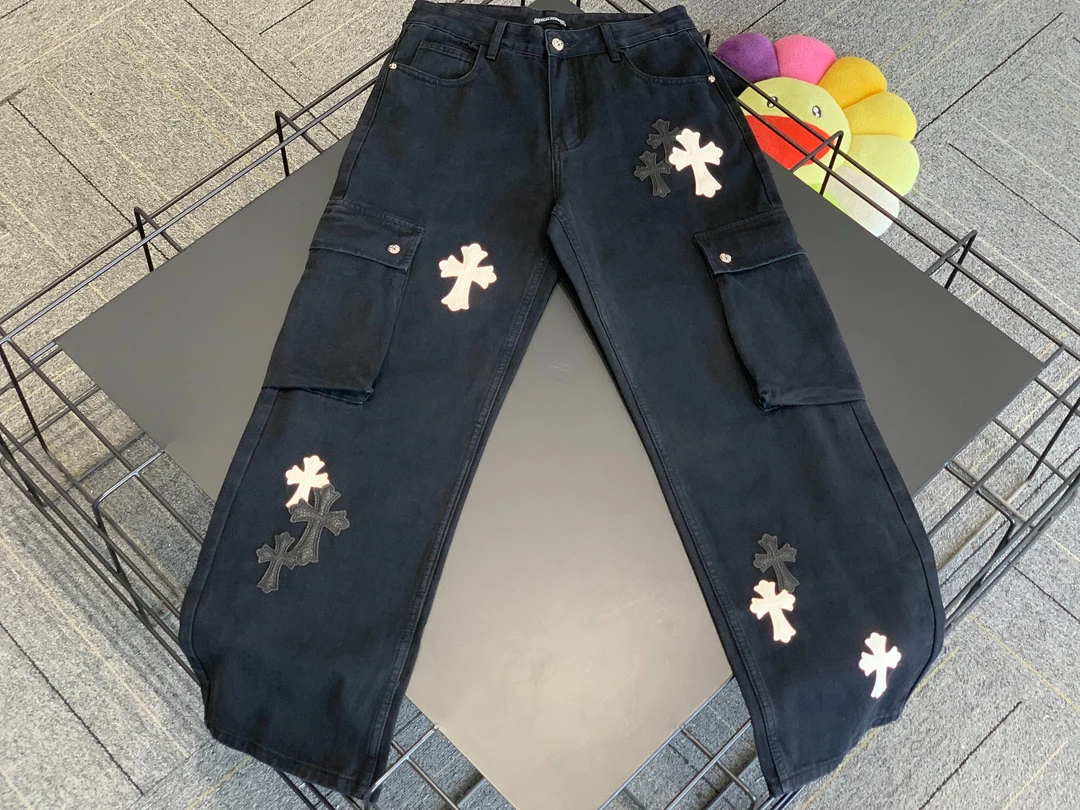 【K总】美式十字架拼皮牛仔裤男女同款EP2287