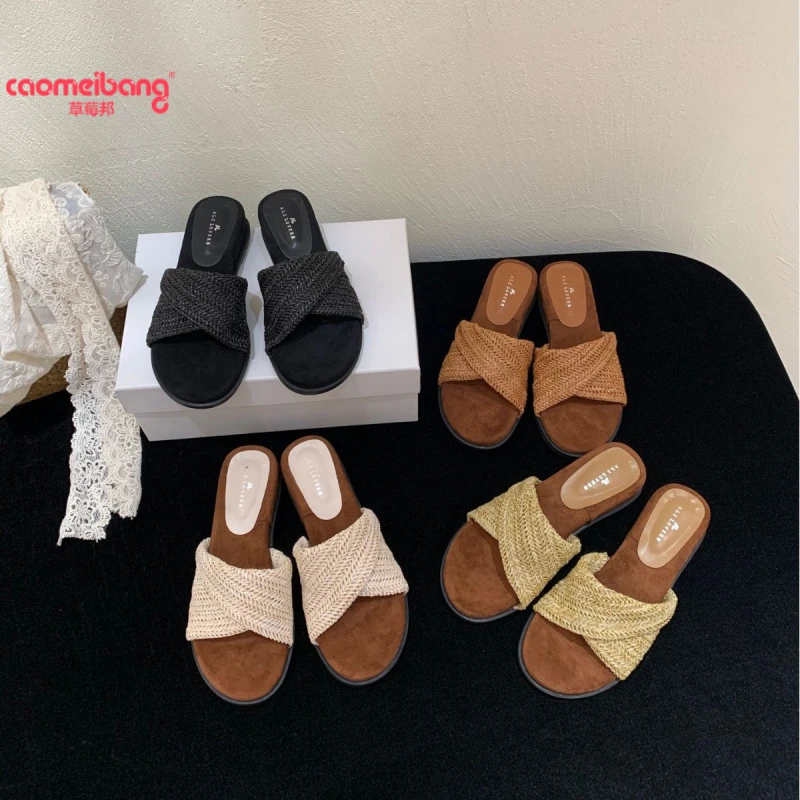 时尚软底平底女鞋草编防滑休闲厚底坡跟