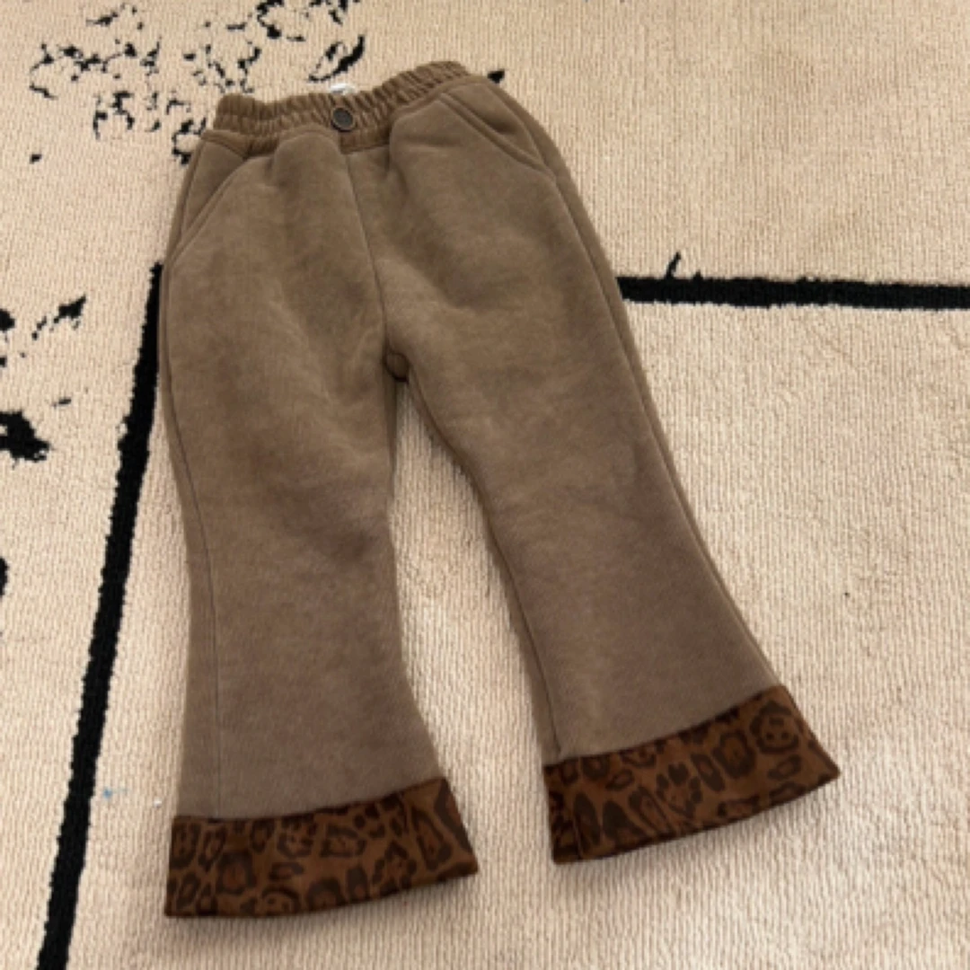 【编号P974】K260-13-儿童中童加厚豹纹拼接喇叭裤浅咖色-BLL