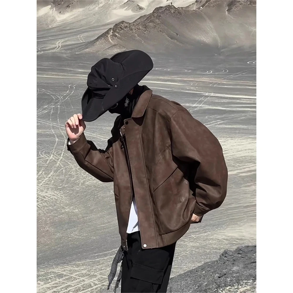 美拉德棕色皮衣外套男款春季美式复古翻领工装夹克防风机车骑行服