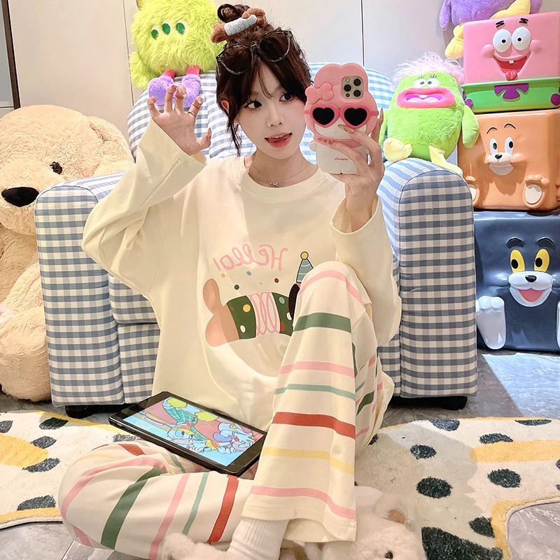 网红春秋季长袖长裤可爱卡通甜美可外穿薄款睡衣宽松套装家居服