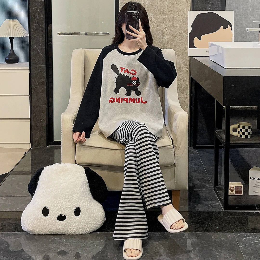 长袖睡衣女春秋季双面纯棉大码可外穿冬天保暖条纹黑猫家居服套装