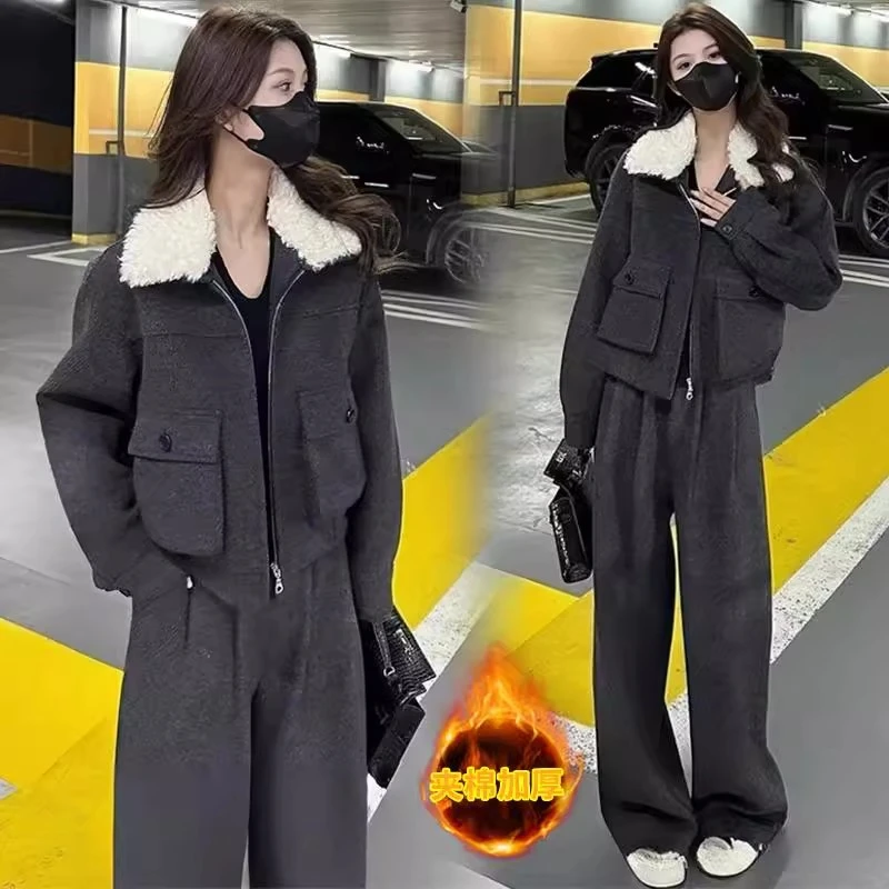 拉夏贝尔减龄百搭套装女2025秋冬季新款时尚外套显瘦休闲裤两件套