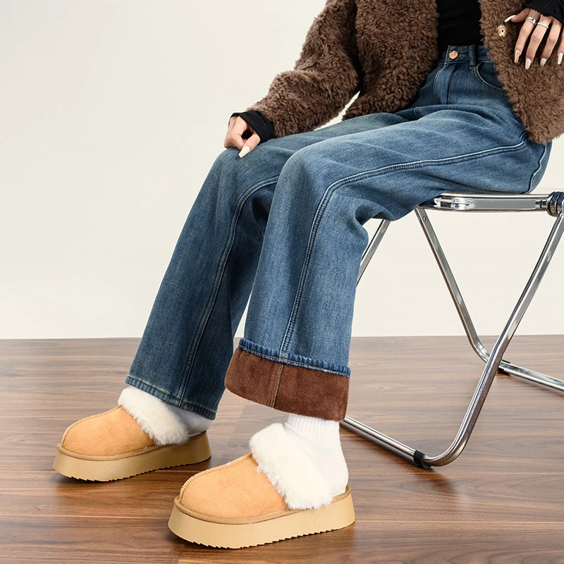 加绒复古直筒牛仔裤女2025冬季新款高腰宽松显瘦加厚保暖阔腿裤子