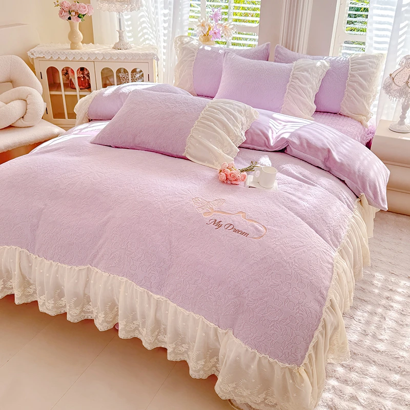 法式11斤加厚牛奶绒雕花床盖四件套公主风双面绒被套加绒被罩床单