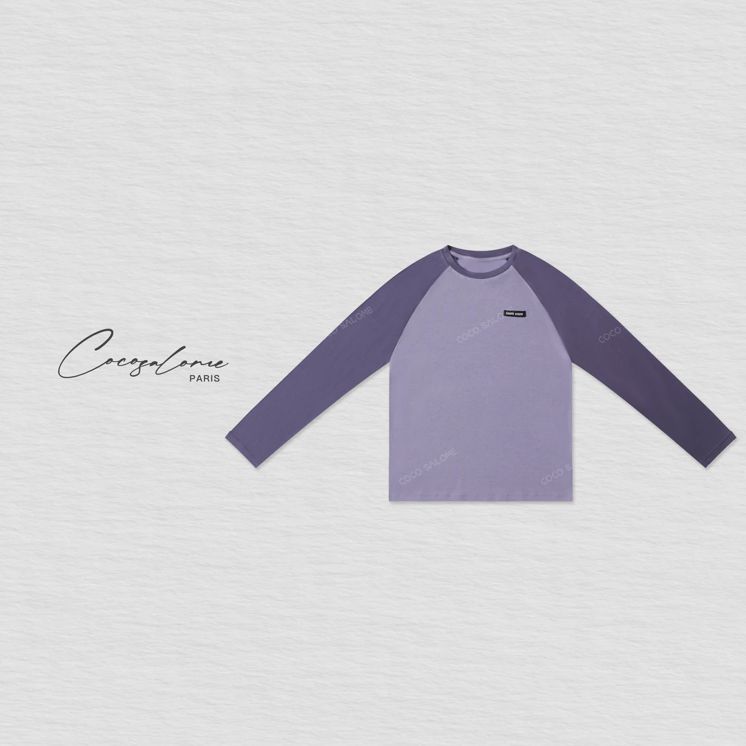 韩彬彬"葡萄紫"奢品同款天丝混羊毛质感拼色插肩长袖T恤026Y-2