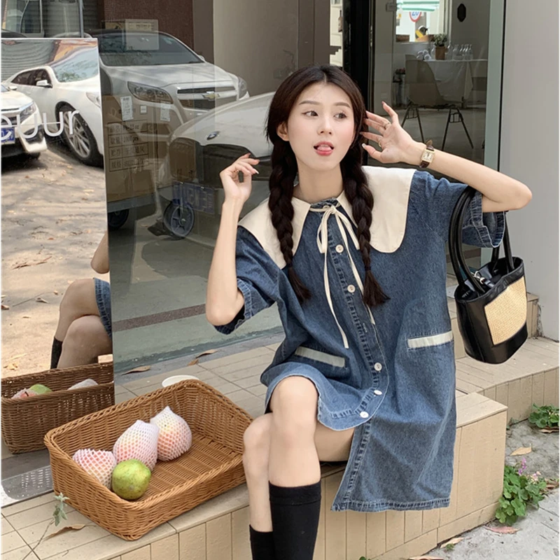 300斤特大码女装胖mm夏新款撞色薄牛仔连衣裙收腰显瘦气质女神范