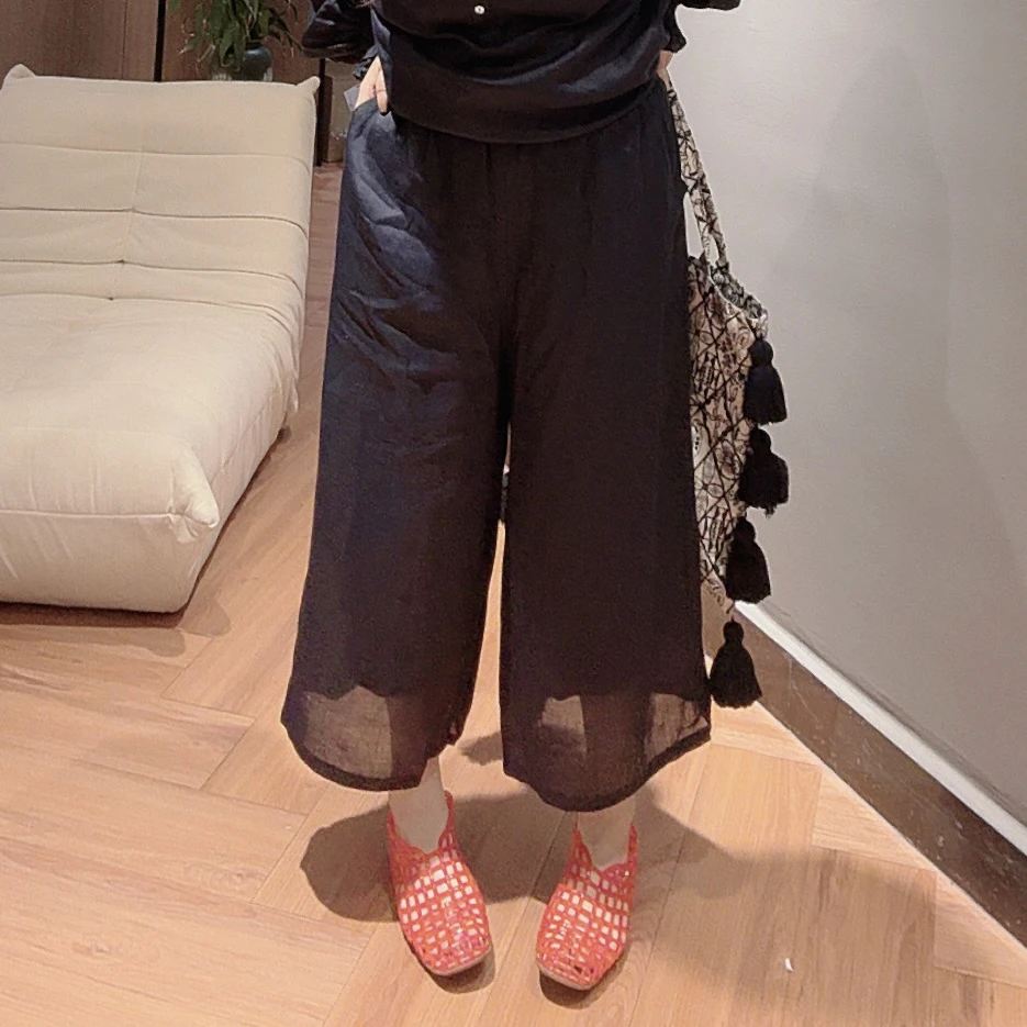 Chouduoduo·禅意系列藏青色夏款百搭薄苎麻双层九分阔腿休闲裤