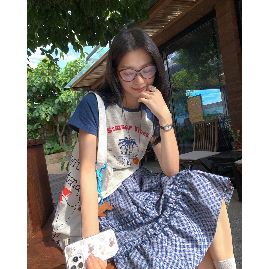 【西西里安】夏日冲浪girl~美式复古插肩袖印花短袖T恤