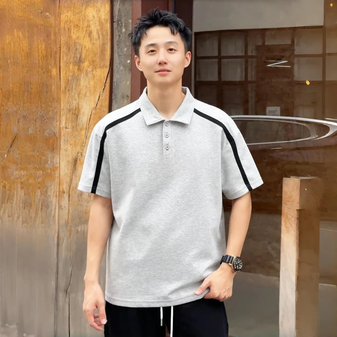 夏季新款潮流插肩条纹POLO衫短袖男美式重磅时尚宽松百搭休闲T恤