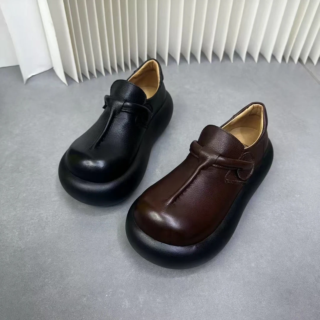 666-2春季爆款全牛皮松糕厚底舒适百搭简约时尚圆头低邦女单鞋