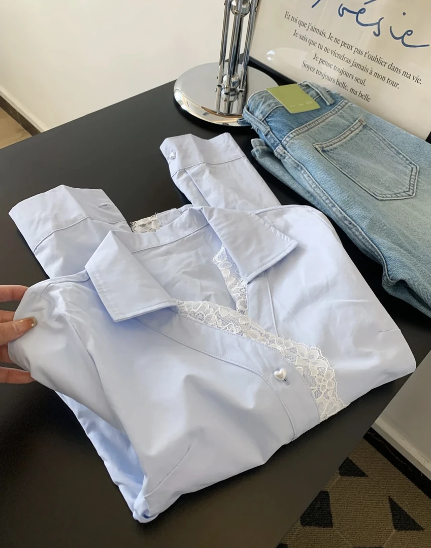 【蕾丝心语】法式蕾丝拼接翻领衬衫女小个子高级感轻奢减龄洋气上衣