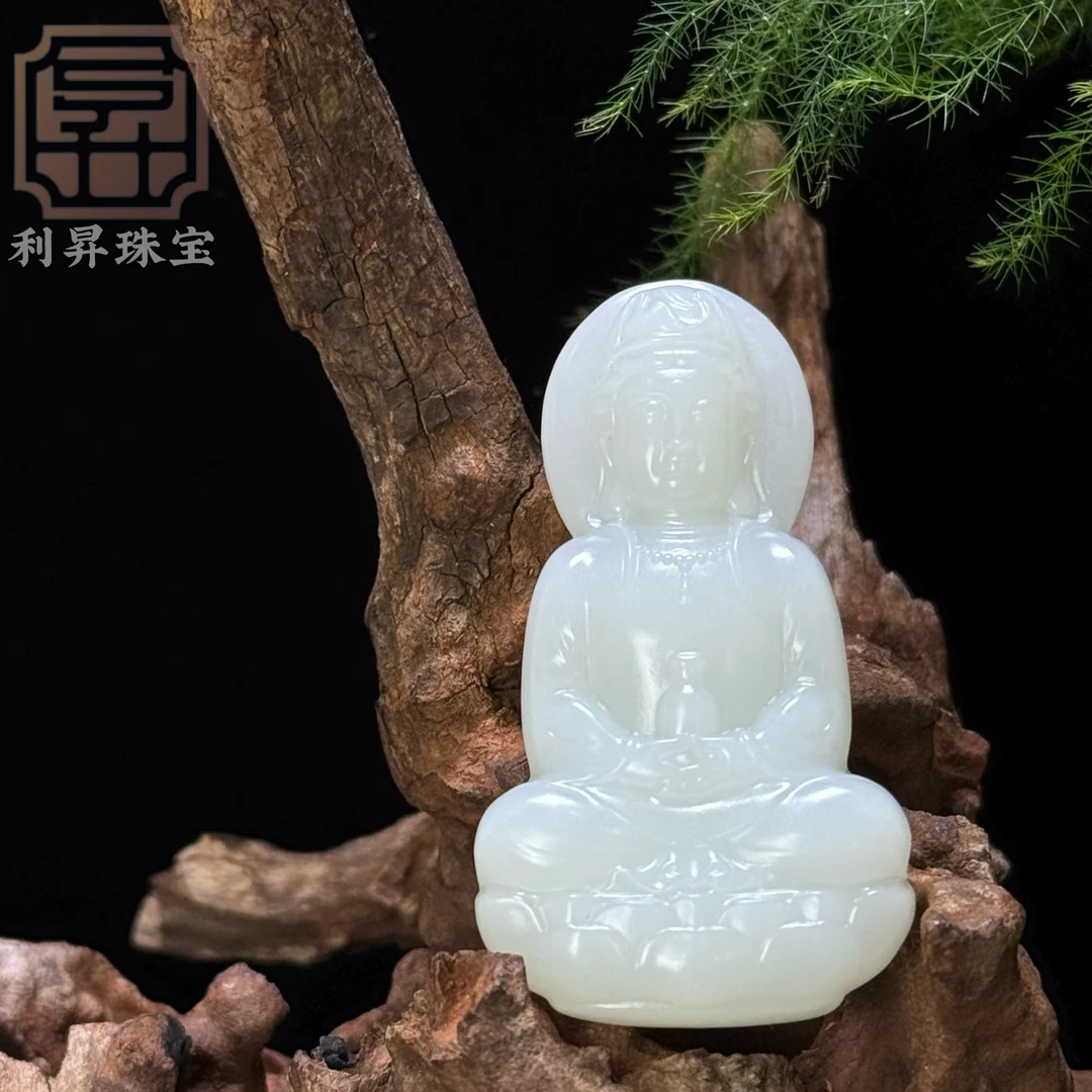 天然和田玉俄料白玉正装观音吊坠