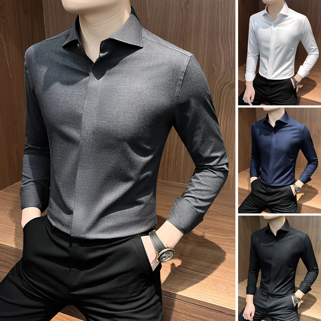 莫代尔暗扣衬衫男款长袖英伦雅痞风格男装轻奢高级感男士商务衬衣