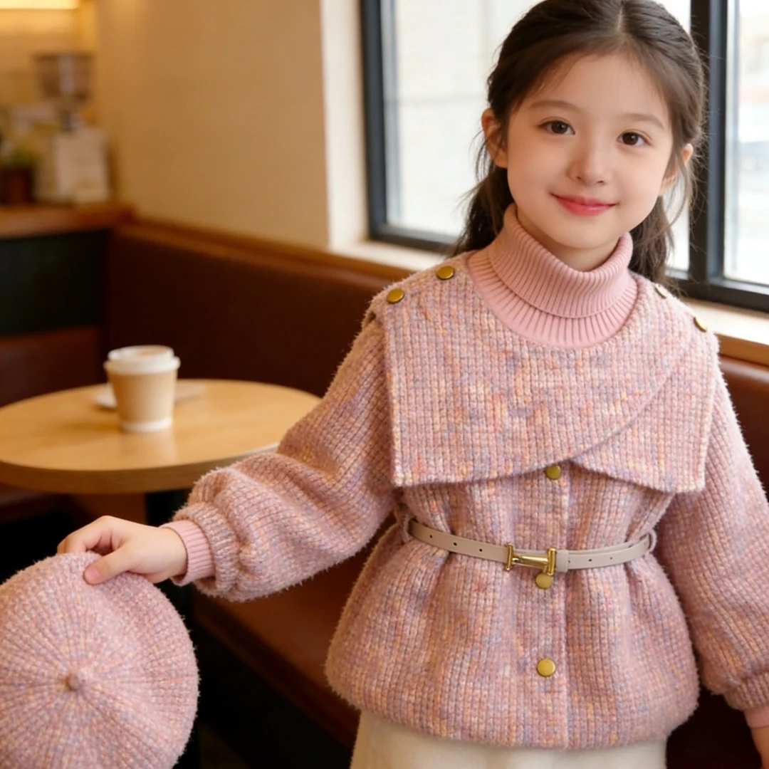 女童2025冬季新款洋气加毛加厚拼接毛线披肩收腰外套