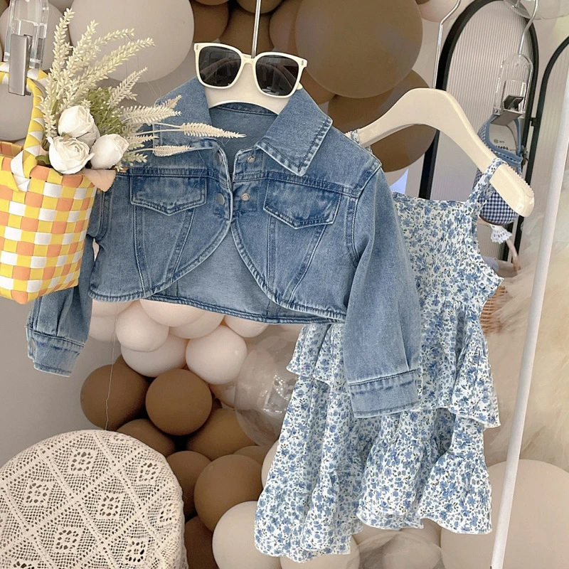 女童洋气套装宝宝2025春装新款儿童牛仔外套碎花连衣裙两件套L562