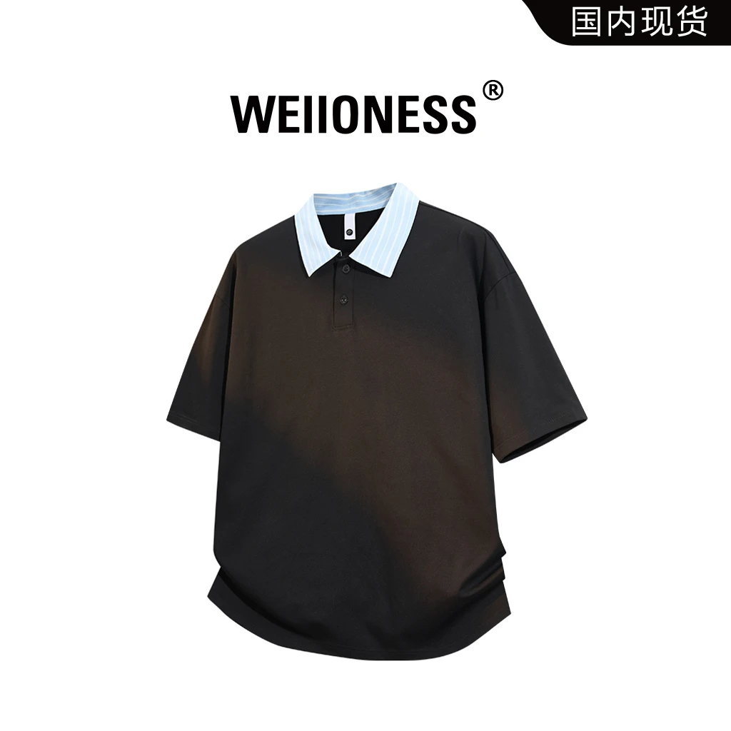 WEIIONESS冰丝短袖t恤男士夏季2025新款假两件宽松休闲翻领上衣潮