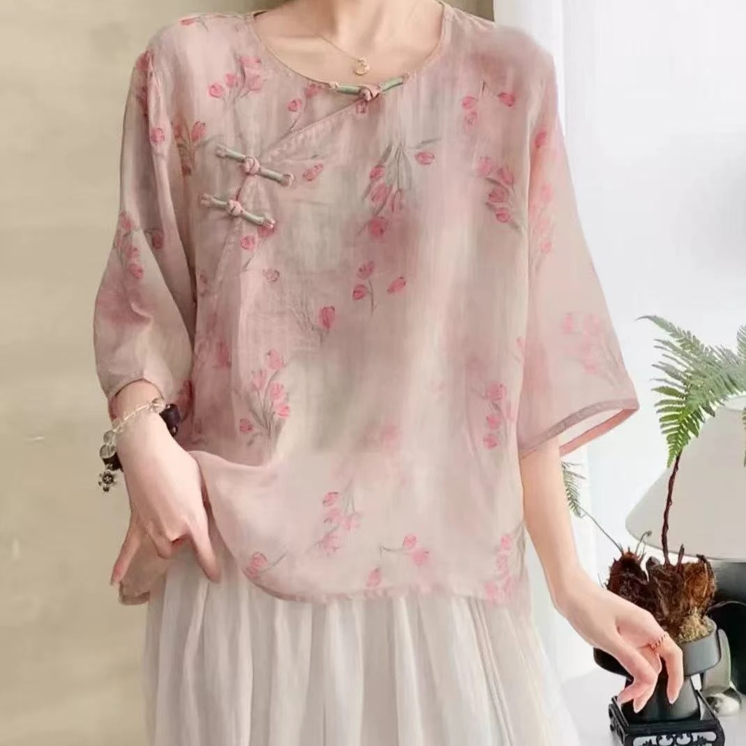 夏季新款新中式宽松短款圆领盘扣七分袖印花女薄款禅意茶服女