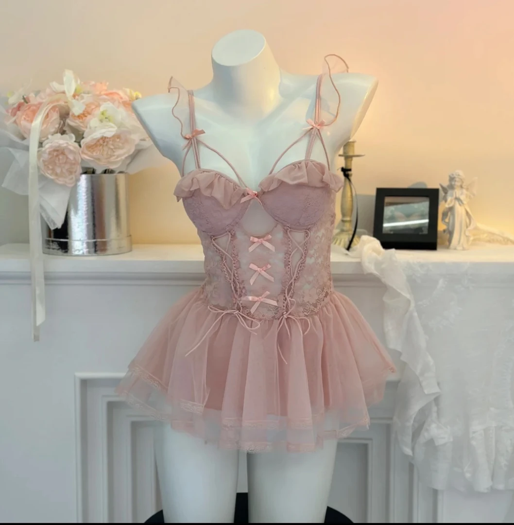 甜美可爱纯欲蕾丝蝴蝶结钢托胸垫聚拢睡裙！【伍月柒号！no退no换】