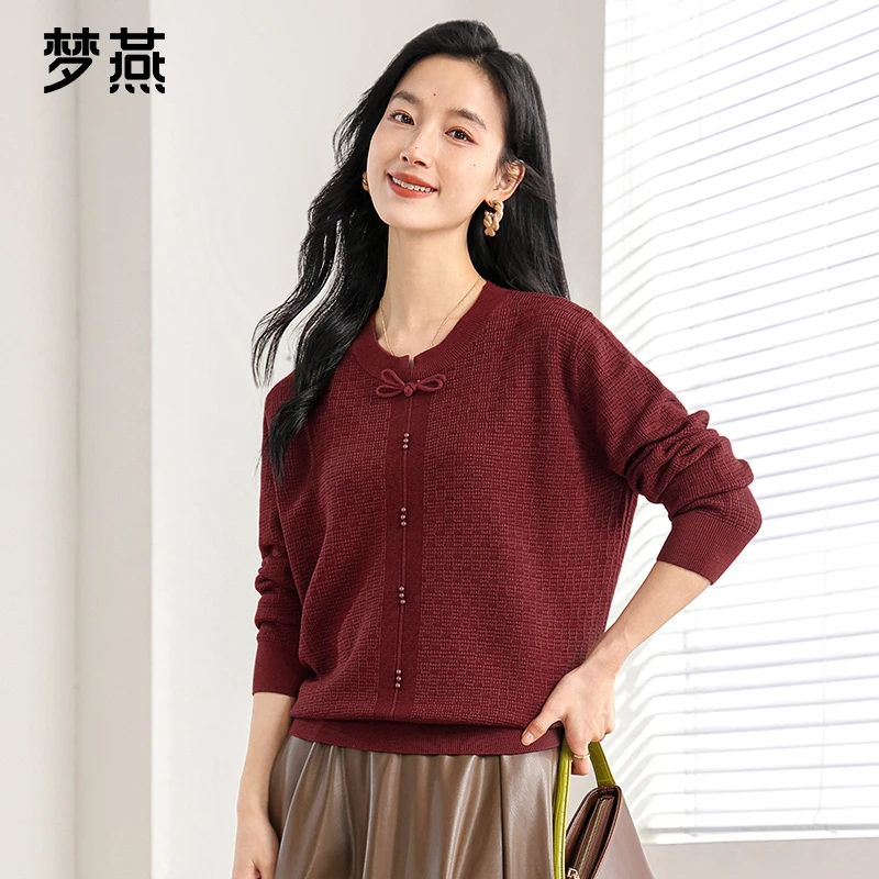 梦燕秋冬女新款圆领长袖针织衫新中式复古宽松套头上衣CC02B4504