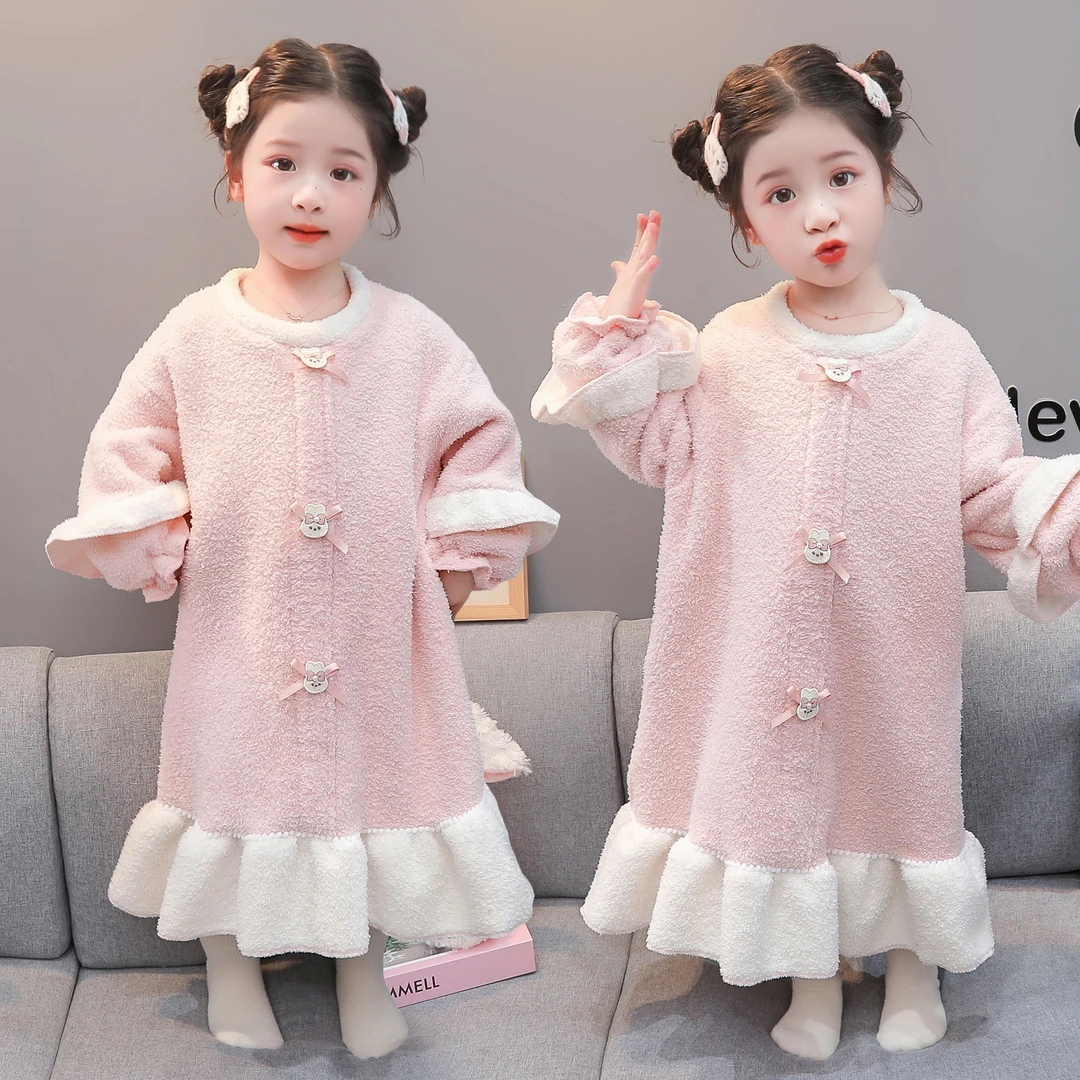 儿童浴袍秋冬季珊瑚绒2025新款女童半边绒家居裙可外穿式女孩睡袍