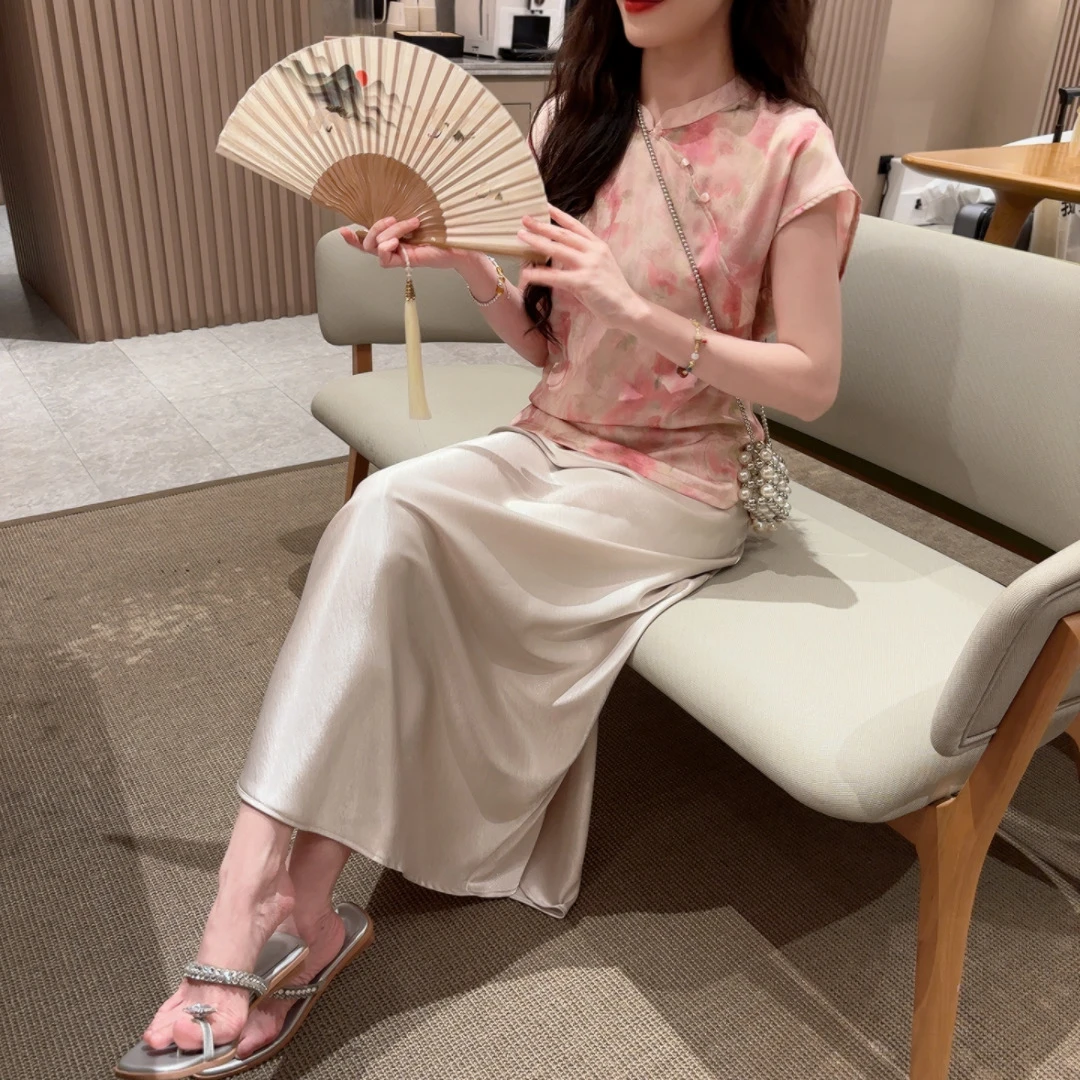 新中式两件套设计师款夏季新款国风盘扣蝴蝶印花上衣半身裙套装