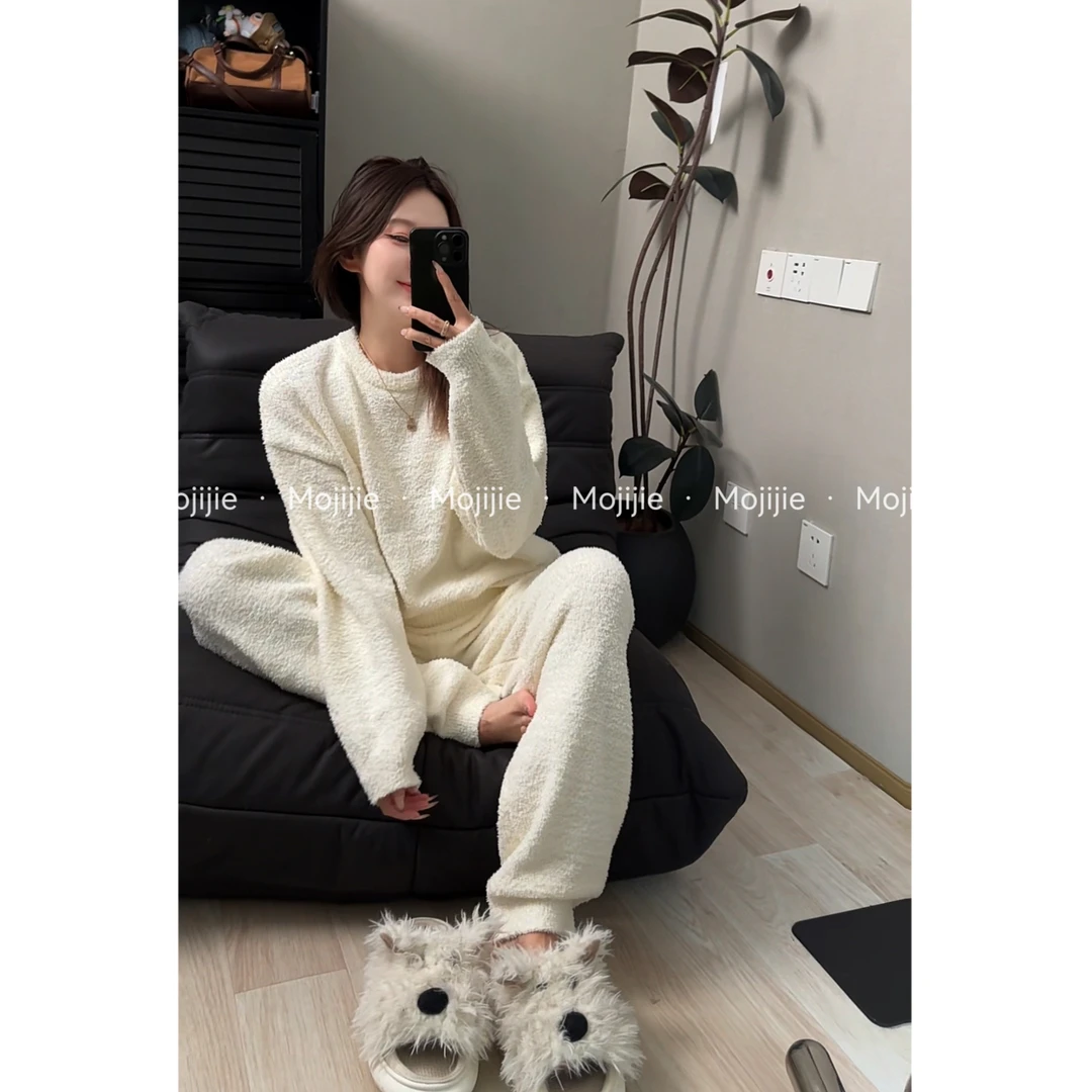 墨迹姐高个子微胖“纯色睡衣”半边绒睡觉可穿加长版套装女