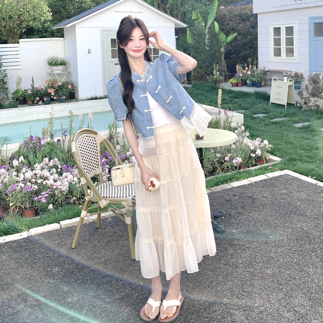 新中式国风盘扣牛仔短袖上衣套装女2025夏季气质独特半身裙两件套