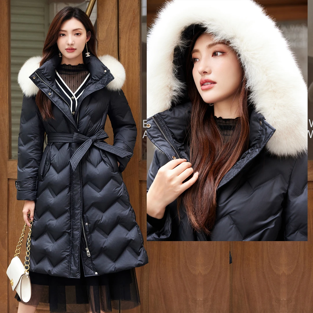 茜舞超大纯狐狸毛领羽绒服2025时尚收腰羽绒服【53W115】