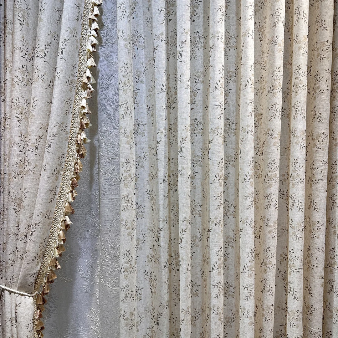 米色小碎花5D数码印花麻料纱帘美系田园风格透光不透人