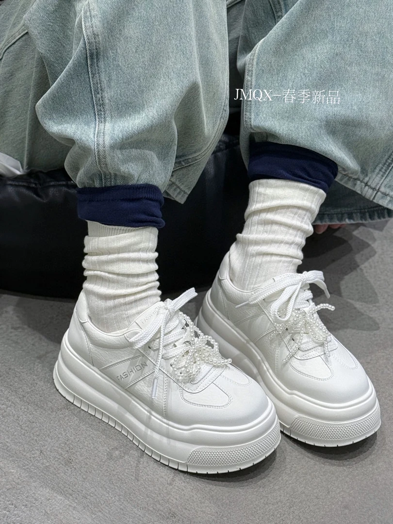 春季韩版百搭板鞋休闲鞋时尚白鞋松糕厚底女鞋ins圆头系带厚底鞋