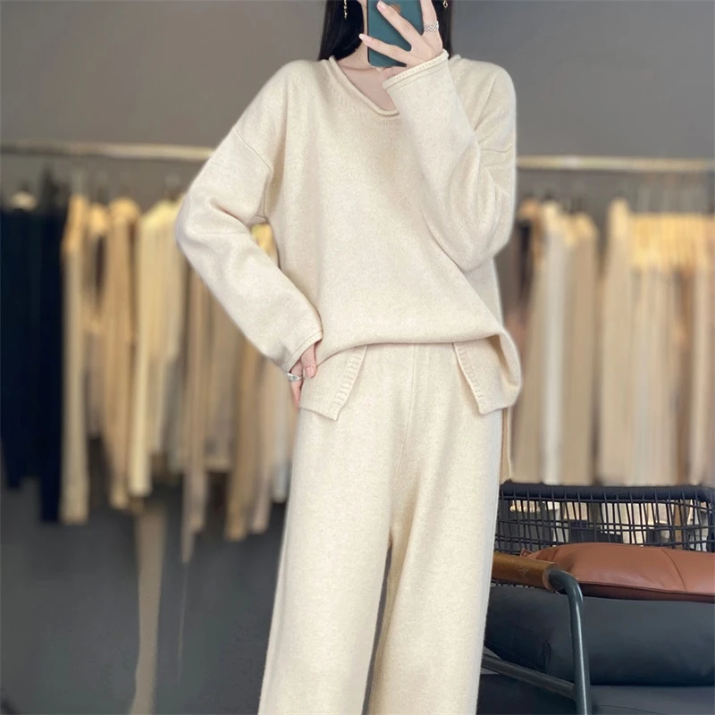 现货，100%纯羊毛卷边V领开叉毛衣+阔腿裤套装 气质显瘦休闲两件套