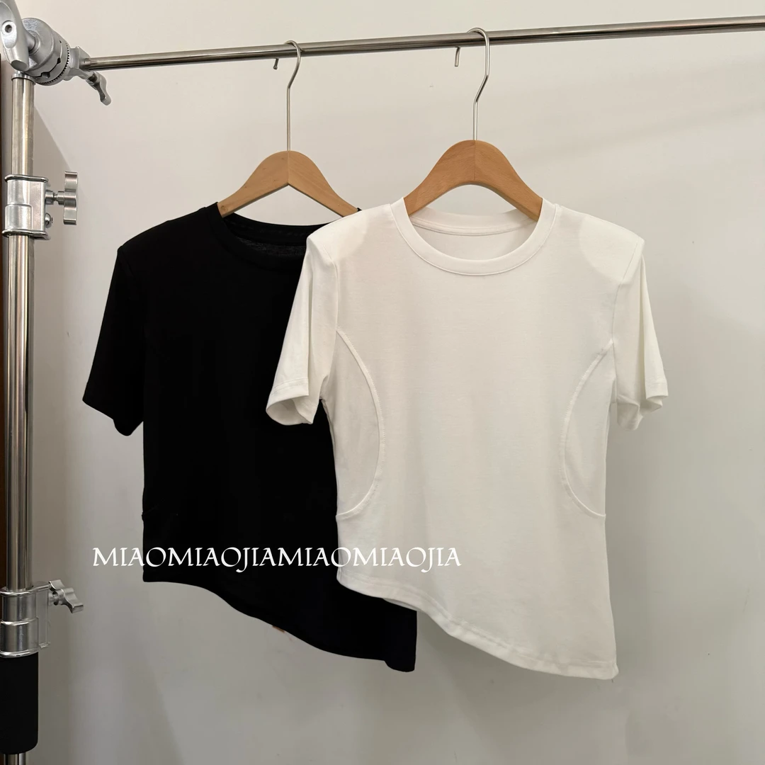 /苗苗家/『小斜边』欧货百搭宽松显瘦圆领短袖T恤女