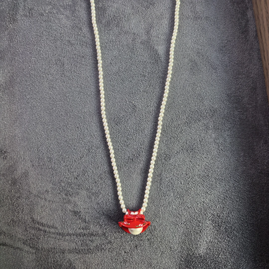 E754红色蝴蝶结贝壳单珠项链
