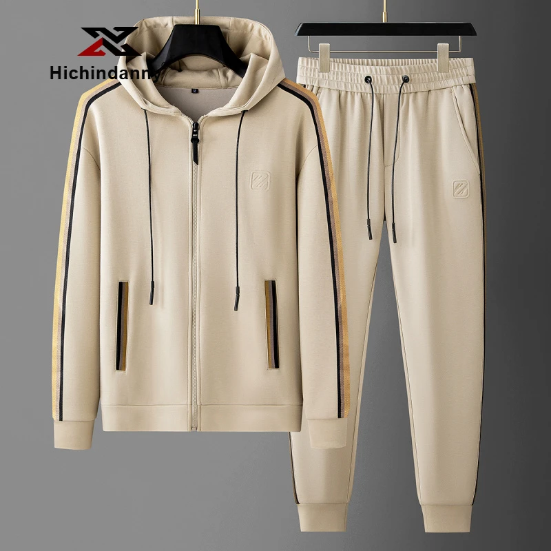 HICHIN连帽开衫卫衣休闲运动套装男士春秋季莫代尔撞色织带两件套
