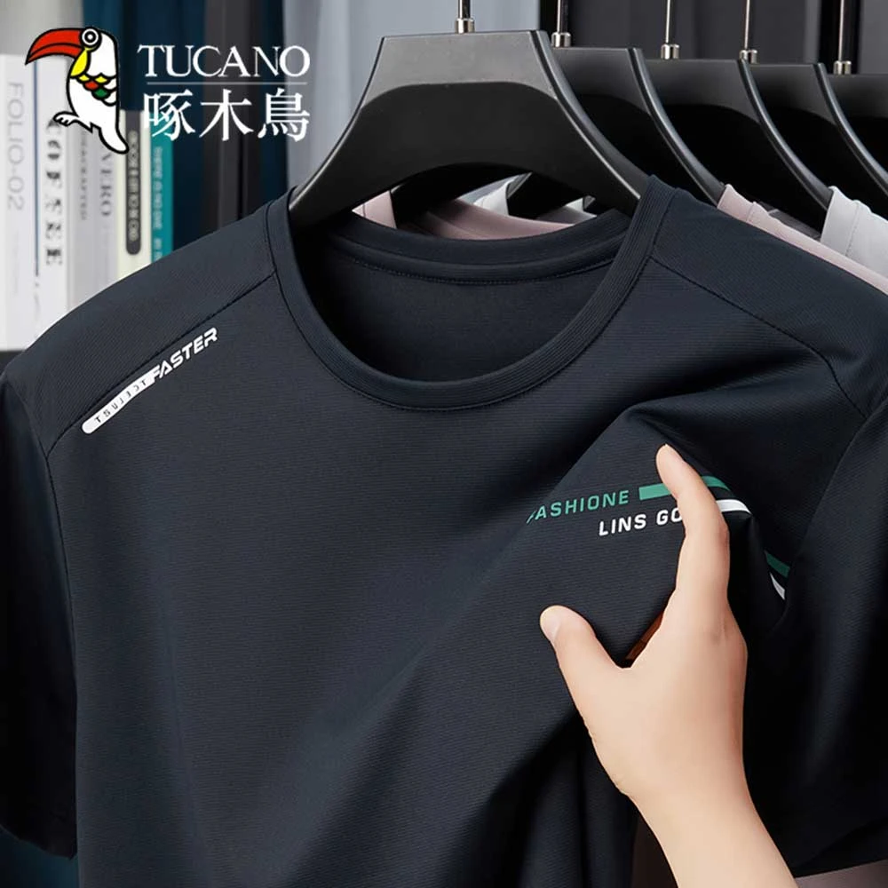 【冰氧丝T恤】啄木鸟夏季短袖圆领印花T恤男士宽松休闲透气上衣