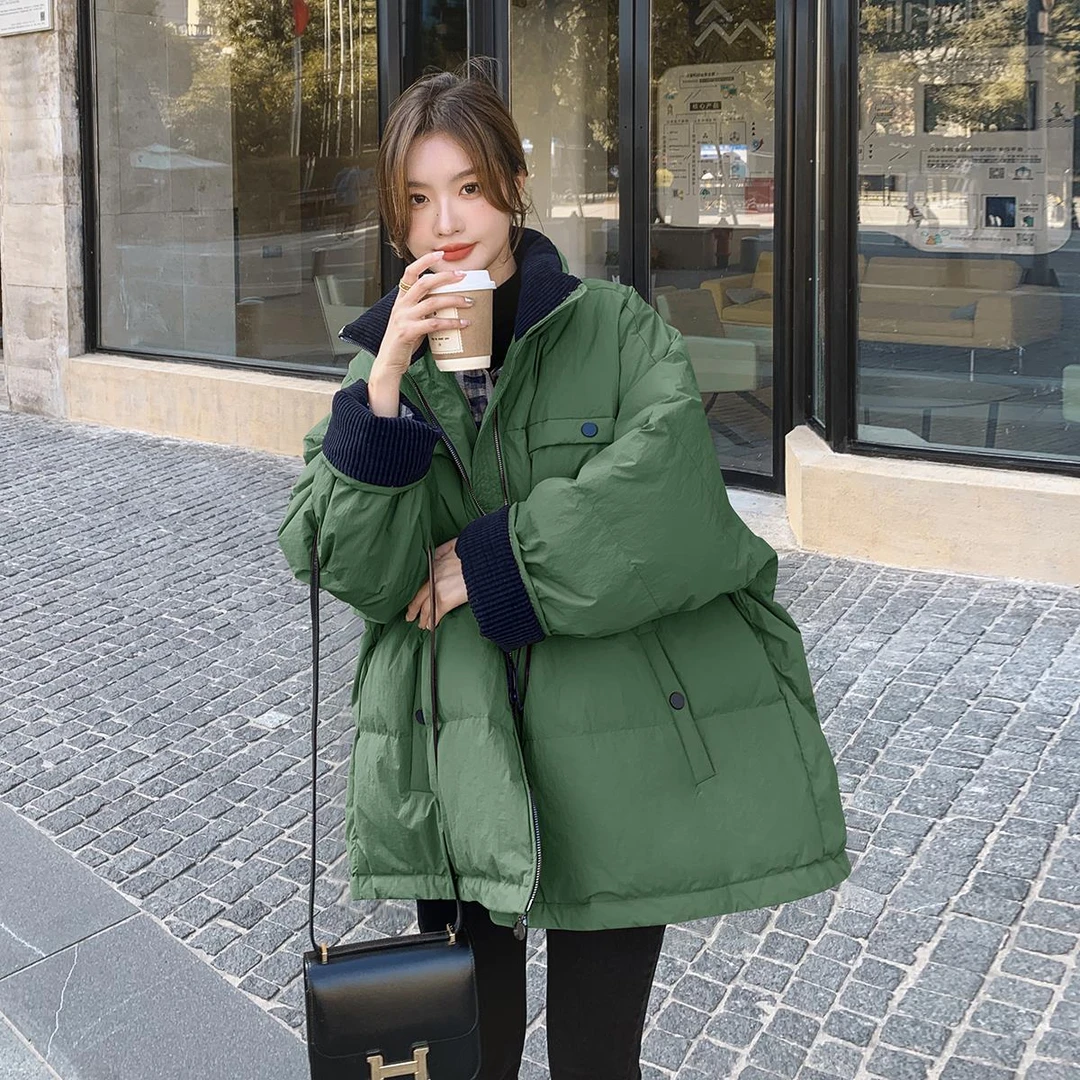 绿色立领羽绒服女冬季加厚新款韩版宽松抽绳休闲收腰50白鸭绒外套