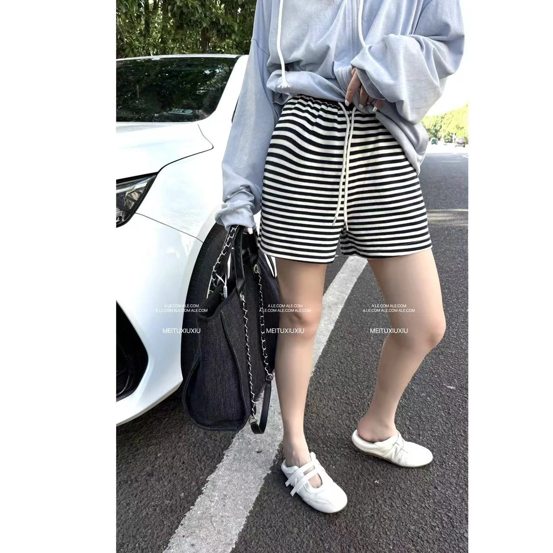 【阿乐家】大码微胖“辣妹裤”夏日外穿高腰条纹针织A字超短裤