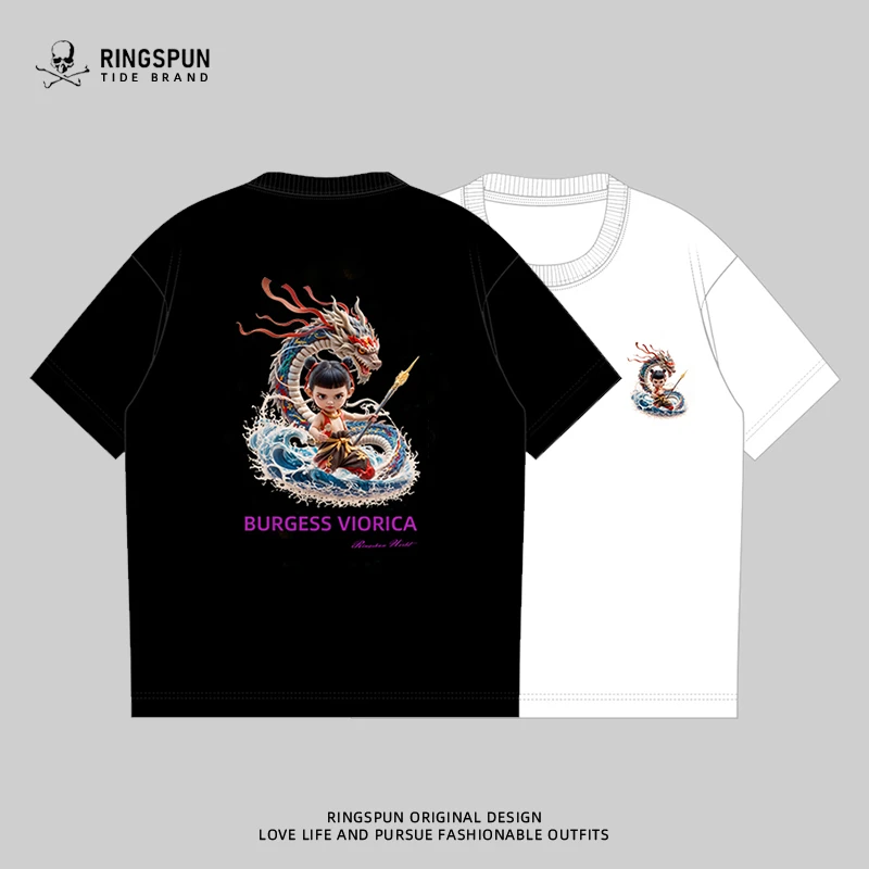 【哪吒】男女同款重磅纯棉刺绣短袖T恤夏季新款宽松圆领半袖