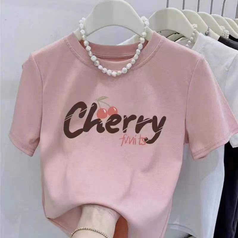 纯棉新款樱桃cherry字母夏季圆领显瘦T恤百搭修身显瘦上衣