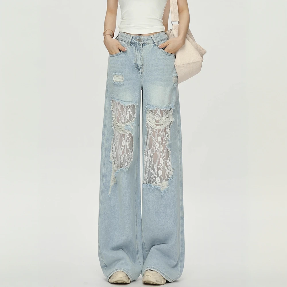 300斤特大码女装夏季蕾丝破洞牛仔裤拍胖MM法式拼接设计感直筒裤