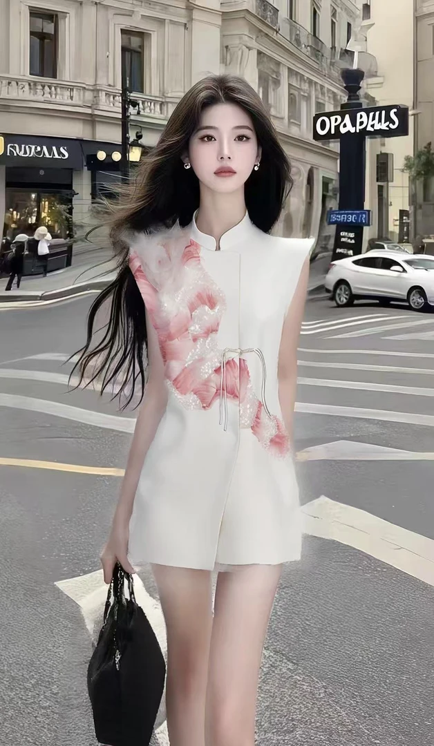 别致设计感白色立领插肩袖气质收腰连衣裙女时尚气质氛围感女装