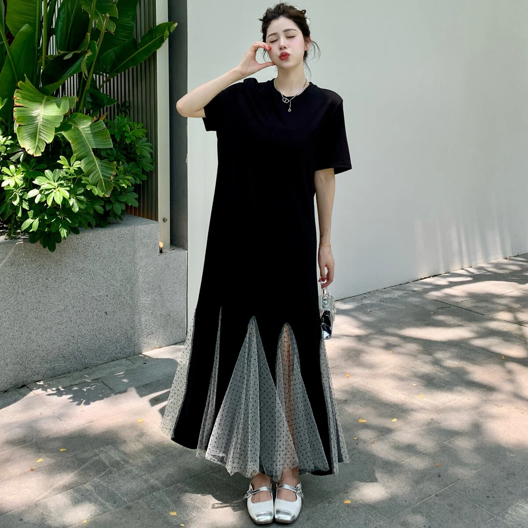 2025夏上新/韩版波点网纱拼接气质短袖连衣裙长款鱼尾裙