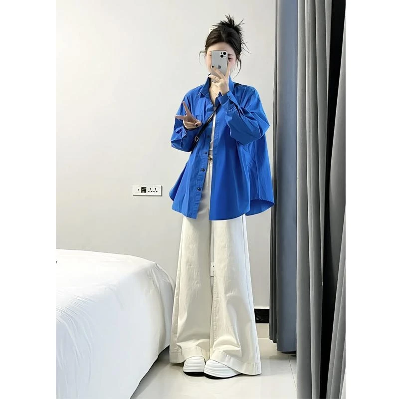 2025超火穿搭一整套复古港风克莱因蓝长袖衬衫高腰阔腿裤两件套女