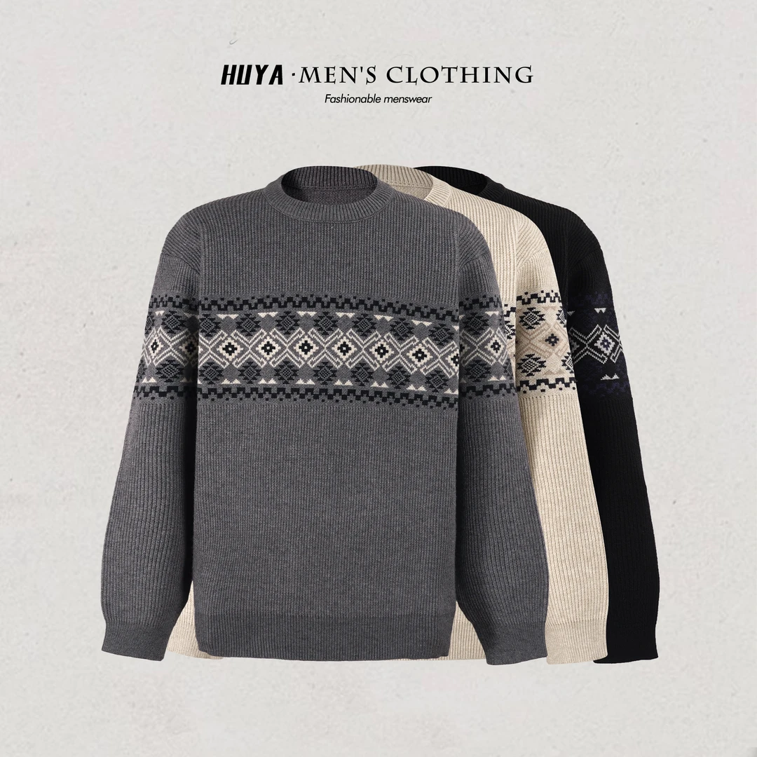 虎牙兄弟针织衫男款2025冬保暖撞色提花高级感费尔岛风毛衣M7052