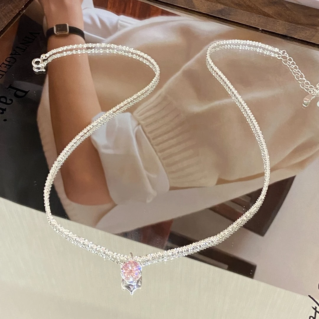 坠链均925银锆石 (T) 镀K金  浆果粉小圆糖  简约百搭项链X7500