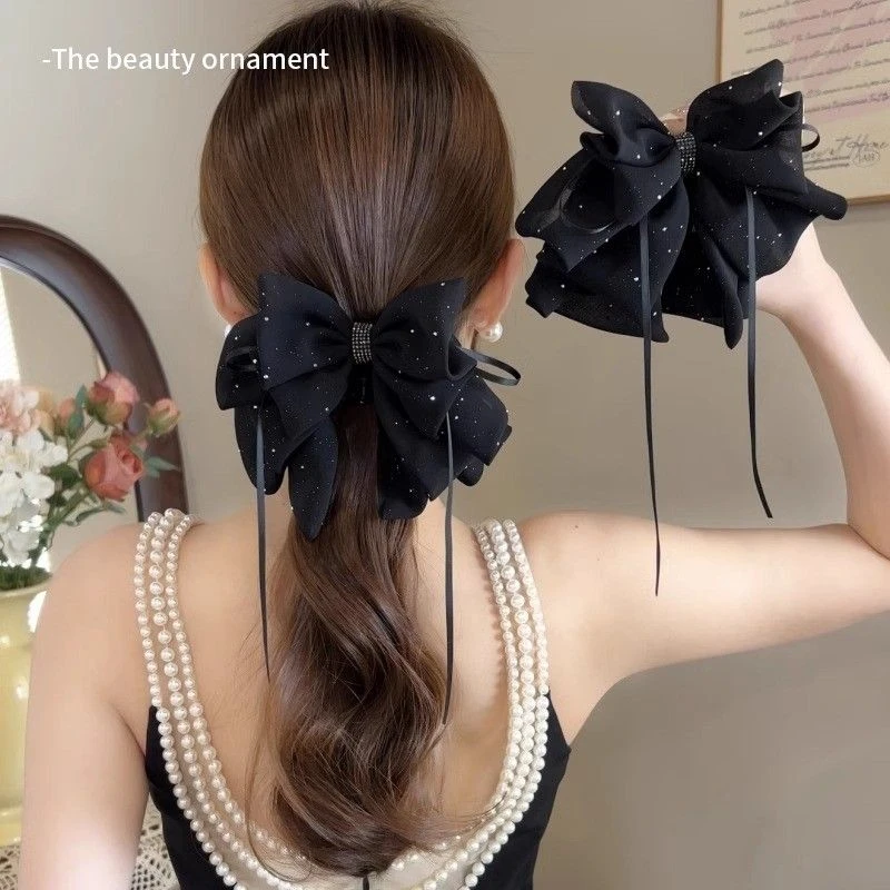 网纱星空发饰碎钻蝴蝶结2025新款马尾抓夹后脑勺盘发半扎气质发夹