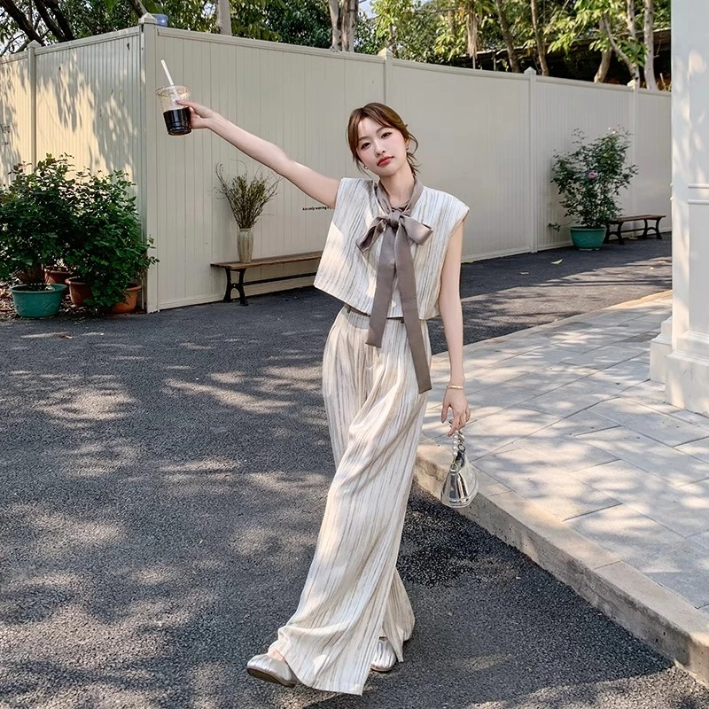 韩系轻奢气质高级感无袖上衣套装女夏季条纹马甲阔腿裤时尚两件套